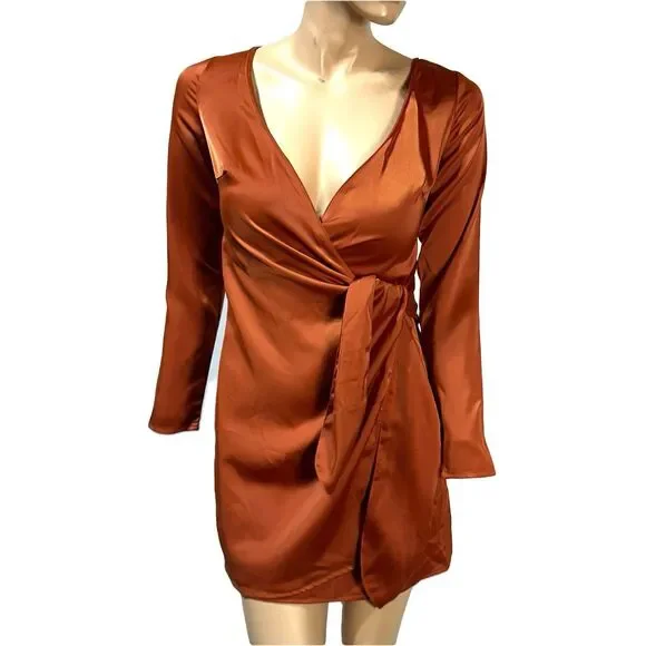 NASTY GAL Burnt Orange Faux Wrap Satin Mini Dress Size 4 Long Sleeve NWT - Picture 1 of 12